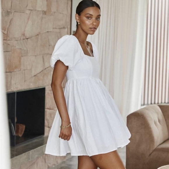 DISSH Danielle White Mini Dress Linen Size 12 Summer Puff Sleeve Flowy Short - Picture 2 of 10